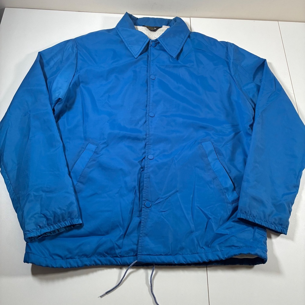 True Vintage JCPenney Coaches Jacket Medium Blue Fleece Lined Nylon Snap 70s‎